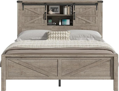 AMERLIFE Farmhouse Queen Bed Frame with Storage Headboard & Charging Station, Rustic Wood Platform Bed with Barn Door Bookcase, No Box Spring Needed, Light Grey Bedroom Furniture