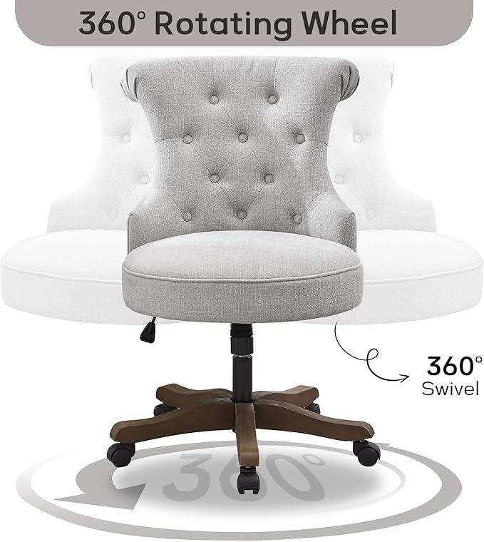 HUIMO Home Office Chair Upholstered Armless Desk Chair with Wheels Adjustable Height Computer Desk Chair with Wooden Legs Linen Comfortable Swivel Chairs for Home Office Study Studio (Light Grey)