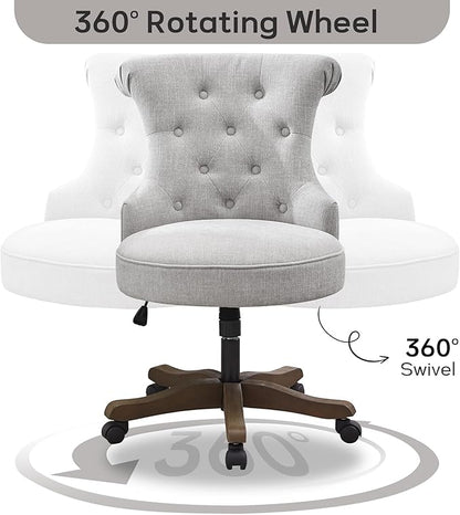 HUIMO Home Office Chair Upholstered Armless Desk Chair with Wheels Adjustable Height Computer Desk Chair with Wooden Legs Linen Comfortable Swivel Chairs for Home Office Study Studio (Light Grey)