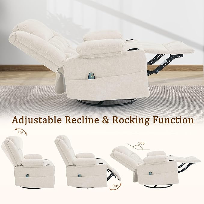 360° Swivel Rocker Recliner for Adults, Nursery Glider Recliner with Massage and Heating, Rocking Chair with Cup Holder, Manual Recliner Chair for Living Room, Bedroom (Fabric, Beige)