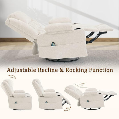 360° Swivel Rocker Recliner for Adults, Nursery Glider Recliner with Massage and Heating, Rocking Chair with Cup Holder, Manual Recliner Chair for Living Room, Bedroom (Fabric, Beige)