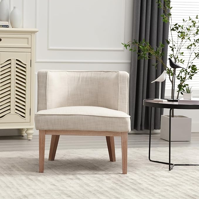 Arm Accent Chair Barrel Accent Chair with Wood Legs, Comfy Barrel Side Chair Linen Upholstered Reading Chairs with Back for Living Room Bedroom, Living Room Chair, Beige