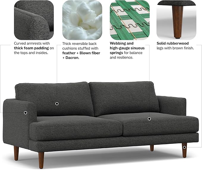 SIMPLIHOME Livingston 76-inch Wide Sofa in Charcoal Grey Woven-Blend Fabric, Handcrafted Loveseat Couch for Living Room or Family Room, Mid-Century Modern Style, Solid Wood Frame
