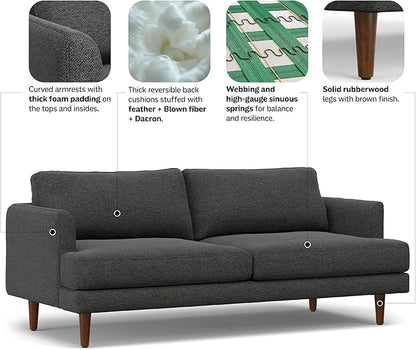 SIMPLIHOME Livingston 76-inch Wide Sofa in Charcoal Grey Woven-Blend Fabric, Handcrafted Loveseat Couch for Living Room or Family Room, Mid-Century Modern Style, Solid Wood Frame