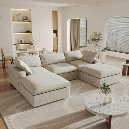 120" Cloud Modular Sectional Sofa with Storage Ottoman,Down Filled Comfort U Shaped Sofa Couch for Living Room,Minimalist Wide Deep Seat 5 Seater Convertible Couches for Office Apartment,Khaki
