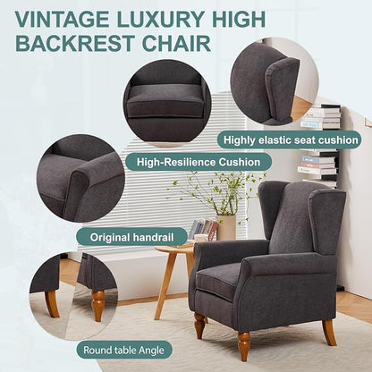 ZMAD Accent Chair, Upholstered High Back Floral Armchair Wood Legs, Comfy Wingback Reading Single Sofa Chair,Plus a Solid Wood Coffee Table for Small Spaces, Living Room, Bedroom (Antique Dark Grey)