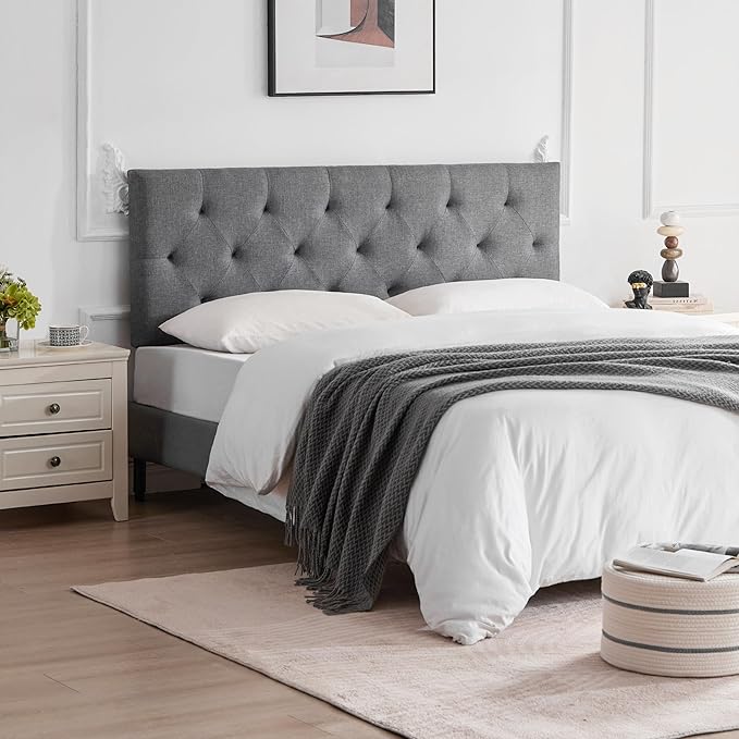 Linen Upholstered Headboard Full Size, Modern Diamond Tufting Solid Wood Full XL Headboard Only, Adjustable Height from 37” to 51” Head Board, Bed Frame or Wall Mount Headboards, Light Grey