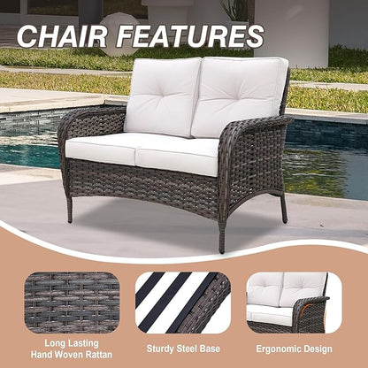 COOS BAY Vintage Courtyard Patio Furniture Set, Wicker Outdoor Furniture, Patio Conversation Sets, 2 Chairs, 2 Rocking Chairs, Loveseat, Coffee Table and Side Table, 7 Pieces, Gray/Beige