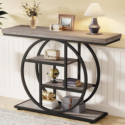 Tribesigns 41.3" Console Table, Industrial 4-Tier Sofa Table Entryway Table with Circle Base, Narrow Wood Accent Tables with Storage Shelves for Living Room, Hallway, Foyer, Gray