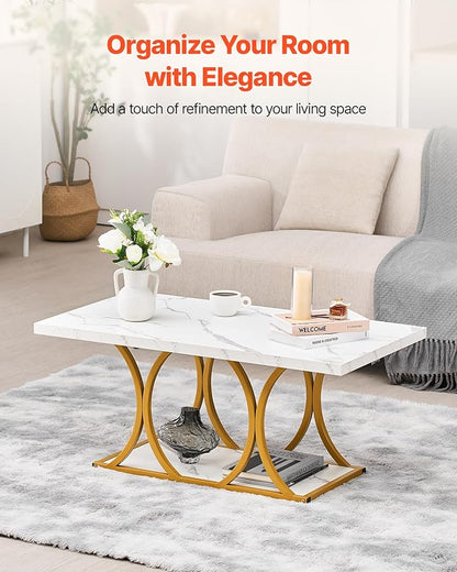 VEVOR Coffee Table, Modern Faux Marble Coffee Table, 2-Tier Rectangle Center Desk with Geometric Legs, Minimalist Sturdy Metal Frame Accent End Desk for Living Room, Office, Easy Assembly, White