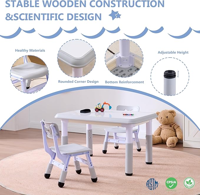 Kids Table & Chairs Set (2 Chairs), Height Adjustable Toddler Table and Chair Set for Kids Ages 3-8 with Graffiti Desktop, Learning & Art Activity Desk for Classroom, Home, Daycare (Grey)