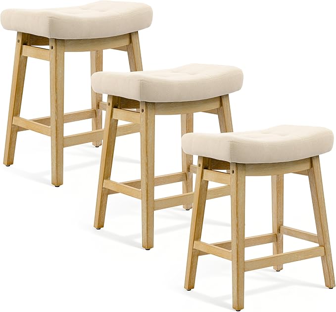 Counter Height Bar Stools Set of 3 for Kitchen Counter Farmhouse Modern Barstools with Upholstered Fabric Backless Seat and Solid Wood Legs 24 inch Bar Chairs, Khaki + Wood Color