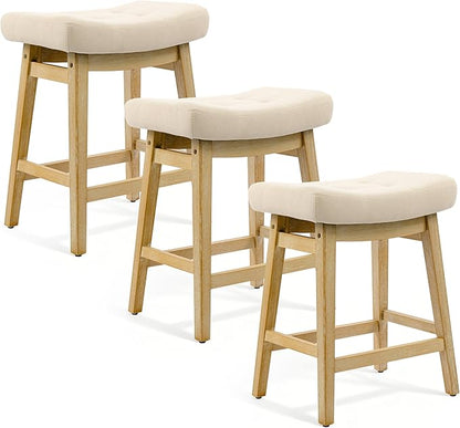 Counter Height Bar Stools Set of 3 for Kitchen Counter Farmhouse Modern Barstools with Upholstered Fabric Backless Seat and Solid Wood Legs 24 inch Bar Chairs, Khaki + Wood Color