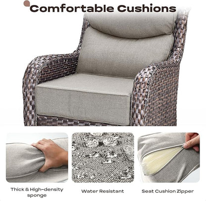 Rilyson Wicker Outdoor Patio Furniture Set - 5 Piece Patio Conversation Sets with Swivel Rocker Chairs, Ottomans and Side Table, 6 inch Cushions, Waterproof Wicker, for Porch Deck Brown/Beige