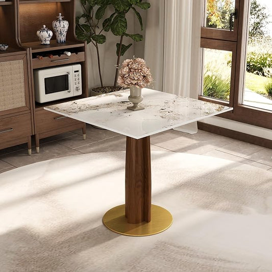 Sintered Stone Square Office Table - Meeting Desk for Small Offices (Walnut‌ Leg and Pandora Top, 1 Table Only)