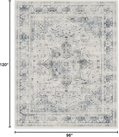 RUGGABLE Washable Vintage Area Rug – Sarrah Blue Quartz 8x10, Stain-Resistant, Non-Slip – Large Machine Washable Rugs for Living Room, Bedroom, Hallway, Entryway & Office–with Standard Pad