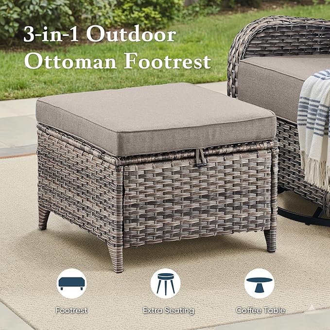 Belord Luxury 6" Thick Cushioned 5 Pieces Patio Furniture Set with 2 Ottomans, Wicker Outdoor Conversation Set with High Back Swivel Rocker Patio Chairs for Deck Porch Yard and Poolside - Grey+Grey
