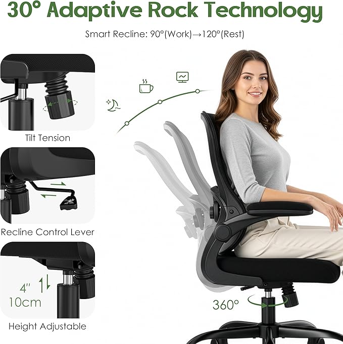 Office Chair Ergonomic Desk Chair - Mesh Comfy Home Desk Office Chairs with Wheels Adjustable Lumbar Support Flip up Armrest Executive Rolling Swivel Teacher Task Computer Chair Black