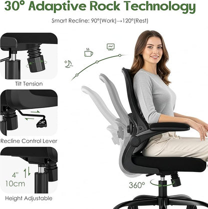 Office Chair Ergonomic Desk Chair - Mesh Comfy Home Desk Office Chairs with Wheels Adjustable Lumbar Support Flip up Armrest Executive Rolling Swivel Teacher Task Computer Chair Black
