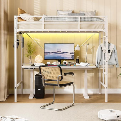 Loft Bed Twin,Loft Bed with Built-in Power Outlet LED Lights,Clothing Hanger Space Saving,Storage Pouch,Heavy Duty Metal Safety Guard Rail for Kids Teens Adults,No Box Spring Needed,White