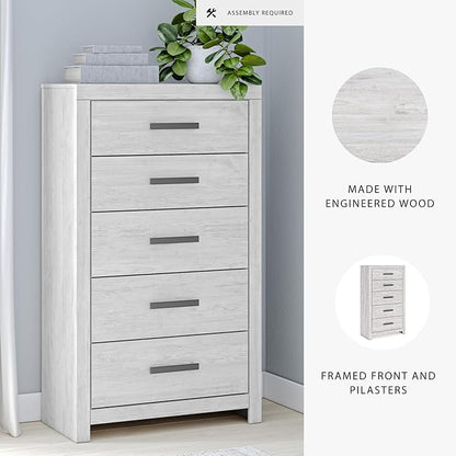 Signature Design by Ashley Cayboni Vintage 5 Drawer Wide Chest with Safety Stop for Bedroom, White