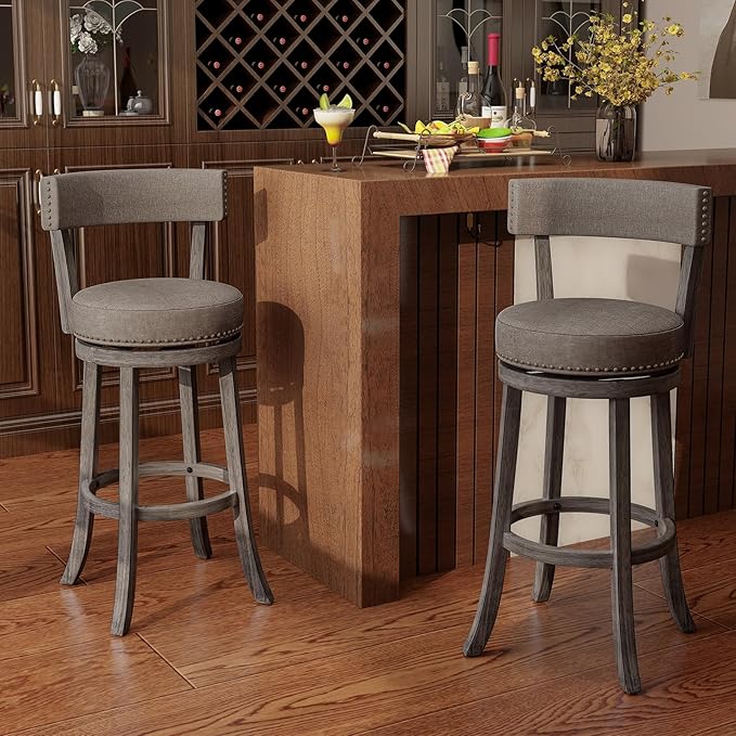 COSTWAY Bar Stools Set of 4, Upholstered Farmhouse Bar stools with Cushioned Seat & Backrest, Solid Wood Legs, Footrest, 31” Bar Height Swivel Stools for Kitchen Island, Pub (4, 31'' Seat Height)
