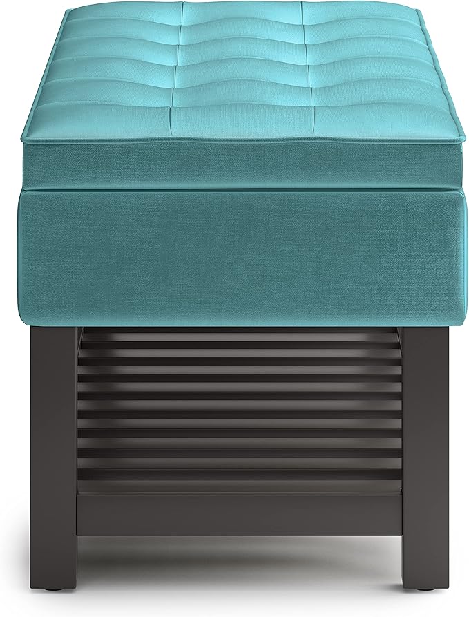 SIMPLIHOME Cosmopolitan 44 inch Wide Traditional Rectangle Storage Ottoman Bench with Open Bottom in Aqua Velvet Fabric, Assembled for the Living Room and Bedroom