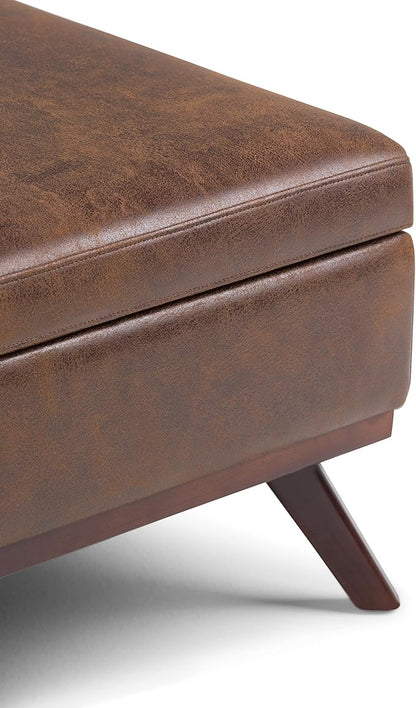 SIMPLIHOME Owen 36 inch Wide Mid Century Modern Square Coffee Table Storage Ottoman in Distressed Chestnut Brown Vegan Faux Leather, Assembled, for the Living Room, Entryway and Family Room