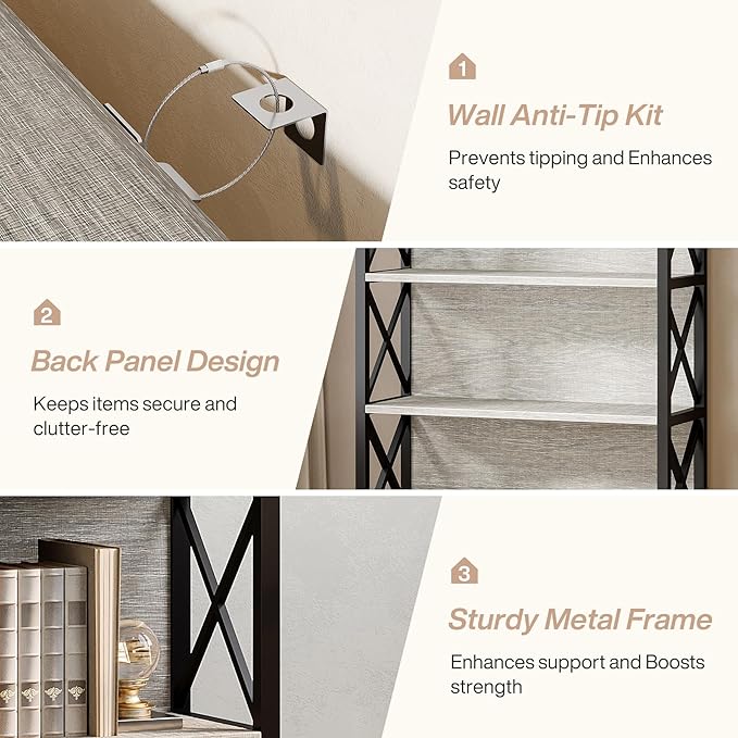 Tribesigns 71-Inch Tall Bookcase, 5-Tier Industrial Metal Bookshelf, Large Etagere Bookcases and Bookshelves, Freestanding Display Shelves for Living Room, Bedroom, Gray and Black