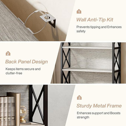 Tribesigns 71-Inch Tall Bookcase, 5-Tier Industrial Metal Bookshelf, Large Etagere Bookcases and Bookshelves, Freestanding Display Shelves for Living Room, Bedroom, Gray and Black