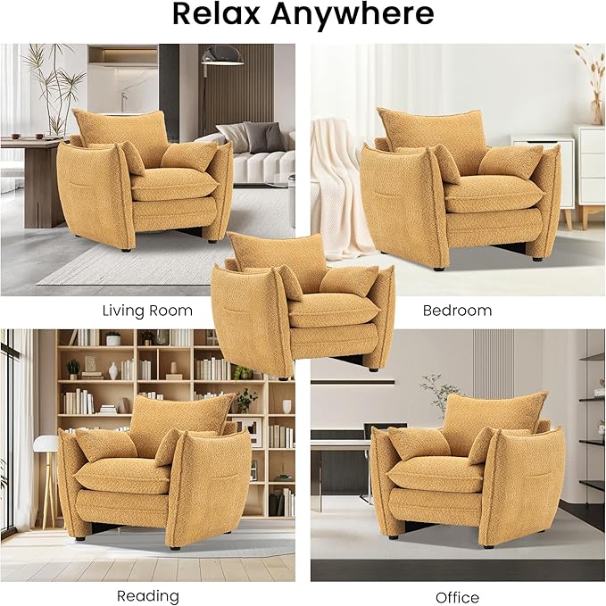 Chenille Oversized Accent Chairs Set of 2, Modern Oversized Armchair with Removable Pillow, Comfy Living Room Chair with Side Pocket Storage for Bedroom, Office, Yellow