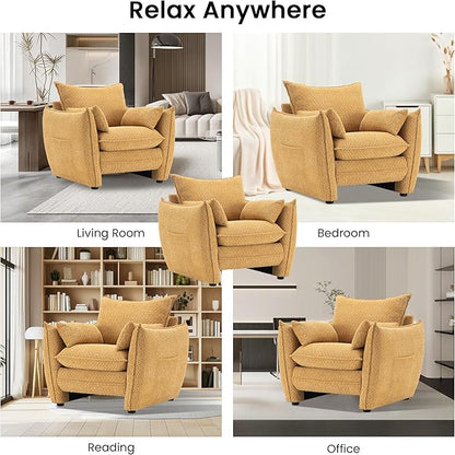Chenille Oversized Accent Chairs Set of 2, Modern Oversized Armchair with Removable Pillow, Comfy Living Room Chair with Side Pocket Storage for Bedroom, Office, Yellow