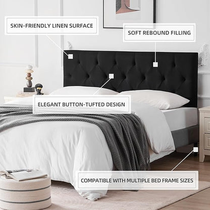 Linen Upholstered Headboard Twin Size, Diamond Tufting Solid Wood Twin XL Headboard Only, Adjustable Height from 37” to 51” Head Board, Dorm Bed Frame or Wall Mount Headboards, Black