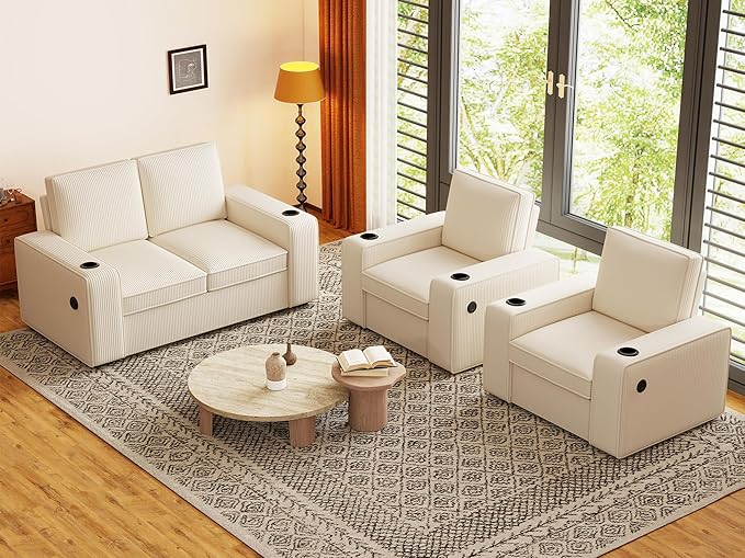 Furnimart 4-Seater Sectional Sofa and Couch Set Corduroy, Loveseat & 2PC Chairs with USB Charger and Cup Holder, Small Living Room Furniture Set for Apartment, Tiny Homes and Lofts, 3PC-Beige