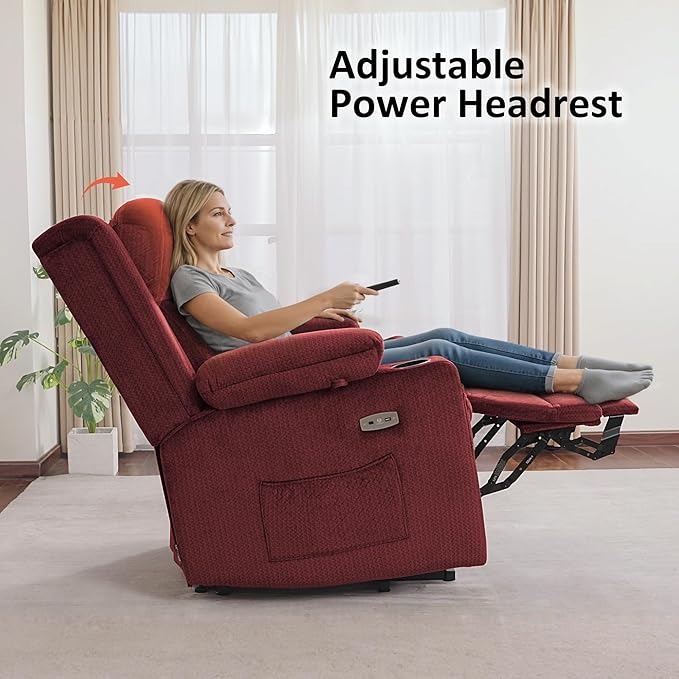 MCombo Large Triple Motor Power Lift Recliner Chair with Massage and Heat for Elderly People, Adjustable Headrest, Infinite Position, USB Ports, Fabric 7662 (Burgundy, Large)