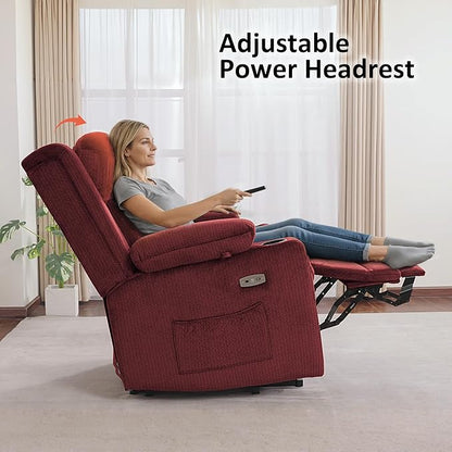 MCombo Large Triple Motor Power Lift Recliner Chair with Massage and Heat for Elderly People, Adjustable Headrest, Infinite Position, USB Ports, Fabric 7662 (Burgundy, Large)