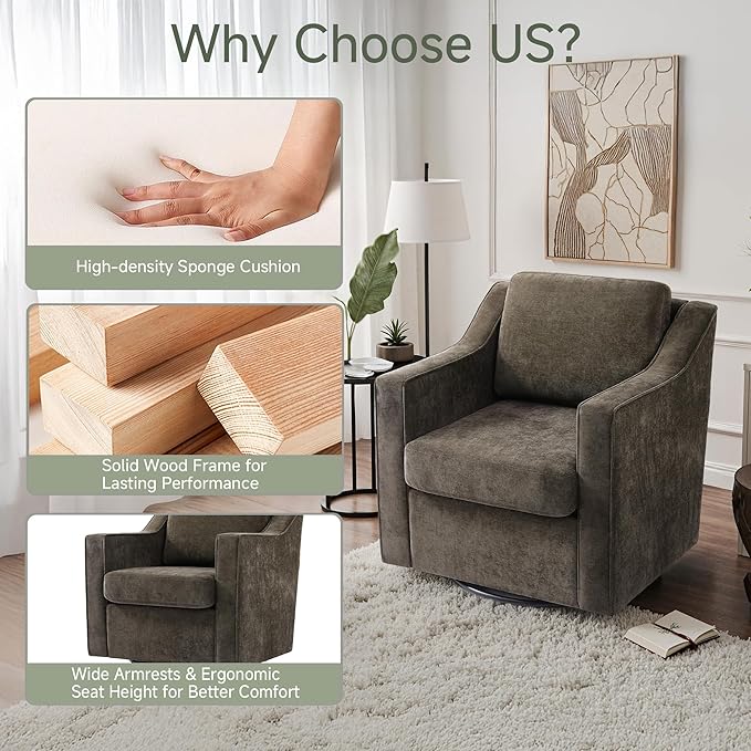 UIXE Swivel Accent Chair, Chenille Upholstered Arm Chair for Living Room, Modern Club Armchair Comfy Single Sofa Bedroom Reading Seat with Lumbar Pillow - Coffee