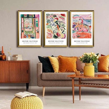 Wieco Art Framed Wall Art 3 Piece Henri Mattise Art Abstract Colorful Matisse Posters Canvas Prints for Wall and Home Office Decorations Bronze Gold Frame