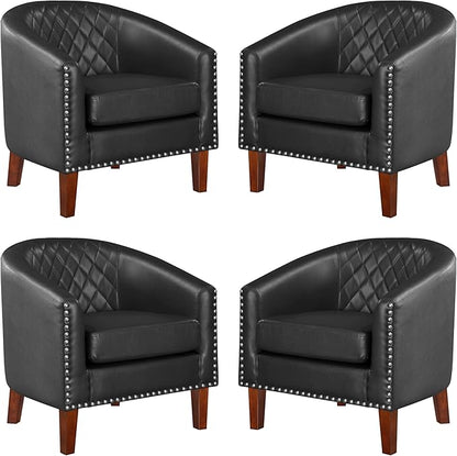 Prilinex Comfy Barrel Accent Chair Set of 4 - Faux Leather Living Room Chair Club Chair with Cushion, Diamond Grid Backrest & Nailhead Trim, Guest Chair for Office, Bedroom & Waiting Room, Black