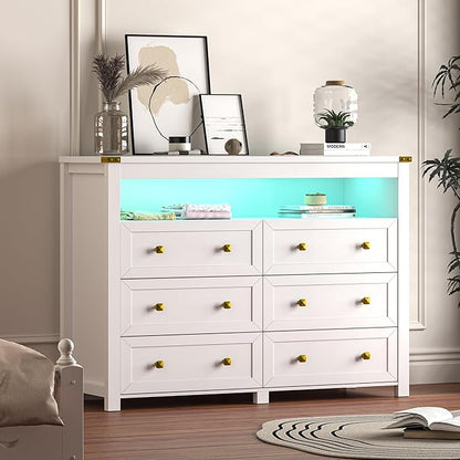 Dresser for Bedroom with 6 Drawers, Wide Chest of Drawers with LED Light and Power Outlet, Wooden Closet Organizer Clothes Storage Cabinet, Modern Double Dressers for Living Room, Hallway, White