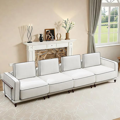 146" Cloud Modular Sectional Sofa,Oversized Deep 4 Seater Couch with Armrests Wooden Legs,Comfy Thicked Cushion Upholstered Sofa for Living Room Bedroom,White