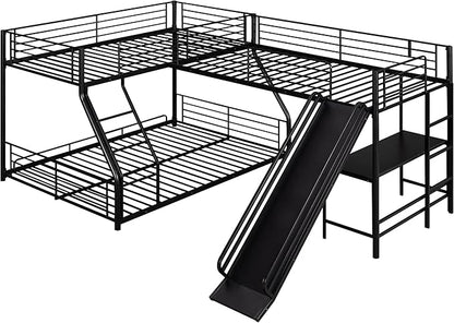 L-Shaped Twin Over Full Bunk Bed with Twin Size Loft Bed Frame Have Desk/Slide/Integrated Ladder/Full-Length Guardrails/Metal Slats Support/Easy to Assemble,for Adult Boy Girl,Black