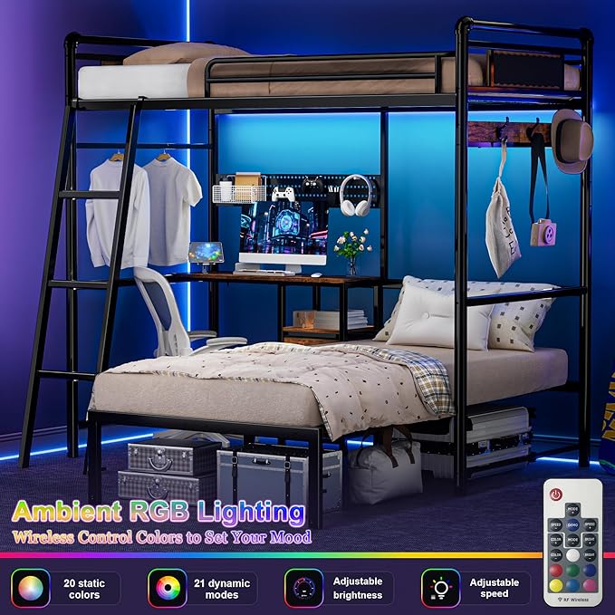 Bunk Bed Twin Over Twin, Industrial Heavy Duty Metal Bed with LED Lights & Charging Sation, bunk beds for Kids, School, Bedroom, Safety Guardrail and Ladder