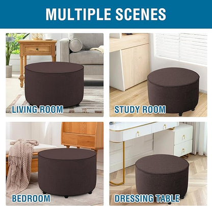 H.VERSAILTEX Small Round Ottoman Cover Thick Linen Look Ottoman Slipcover Round Ottoman Storage Cover Folding Stool Covers Furniture Protector for Footrest Ottoman Fit Dia 24" - 26", Heather Chocolate