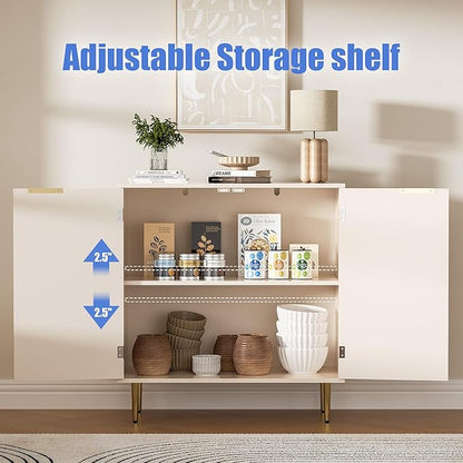Buffet Sideboard Cabinet with 2 Doors, Kitchen Cabinet with Golden Handles & Legs, Modern Accent Storage Cabinet with Adjustable Shelf, Coffee Bar for Kitchen, Living Room, Oak