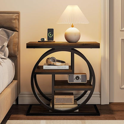 Tribesigns End Table for Living Room, 4-Tier Narrow Side Table with Storage Shelves, Industrial Bedside Table for Bedroom, Wood Small Sofa Side Table with Geometric Metal Frame (1 PC, Rustic Brown)