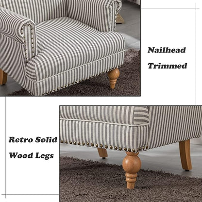 Linen Accent Chairs Set of 2 Mid-Century Modern Living Room Armchair with Nailhead Trim & Wood Legs Comfy Upholstered Single Sofa Chair for Lounge/Bedroom/Reception, Black Stripe