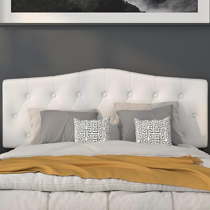 BizChair Arched Button Tufted Upholstered Queen Size Headboard in White Fabric