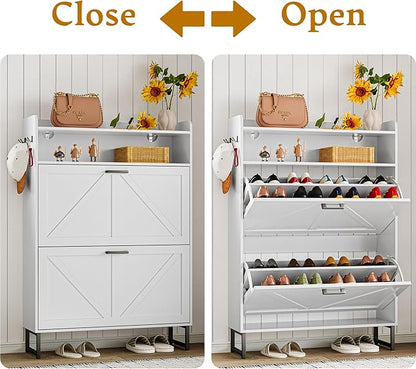 Shoe Storage Cabinet with 2 Flip Drawers, Narrow Wood Shoe Cabinet Storage for Entryway with Metal Legs & Hooks, Adjustable Shelves, Freestanding Shoe Rack Organizer for Foyer, Hallway, White