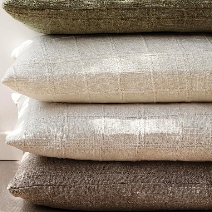 Foindtower Set of 2 Decorative Linen Check Throw Pillow Covers Neutral Farmhouse Vintage Cushion Covers Modern Boho Home Decor for Sofa Chair Couch Bedroom Living Room,22×22 Inch,Taupe Grey